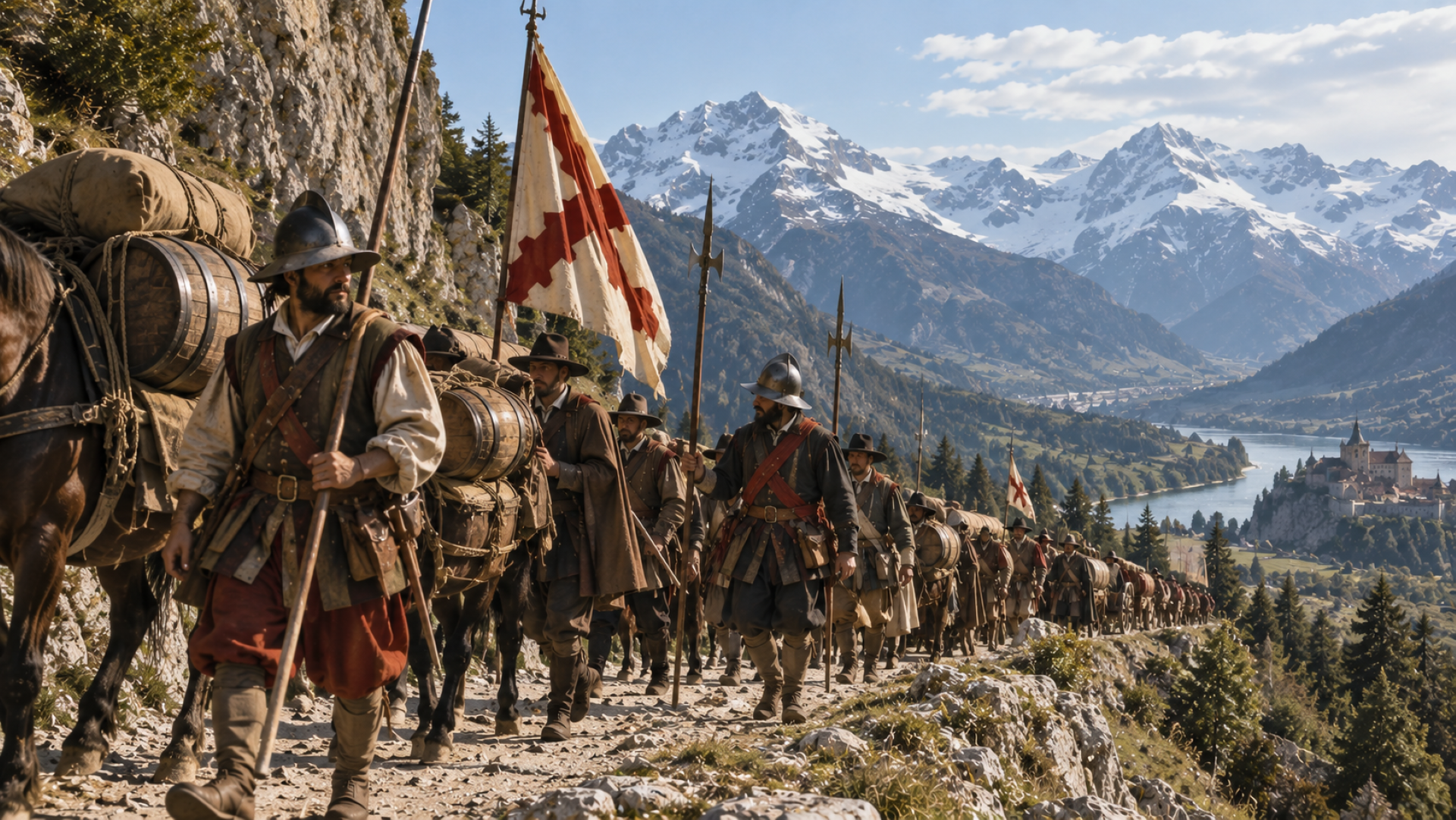 Soldados de los Tercios recibiendo vino en una etapa del Camino Español, siglo XVI